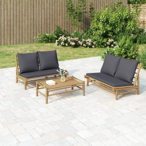 vidaXL VidaXL 3 Piece Patio Lounge Set with Dark Gray Cushions Bamboo 1