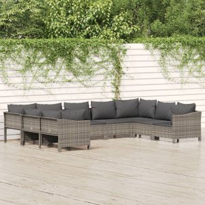 vidaXL VidaXL 9 Piece Patio Lounge Set with Cushions Gray Poly Rattan 1