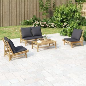 vidaXL VidaXL 4 Piece Patio Lounge Set with Dark Gray Cushions Bamboo 1