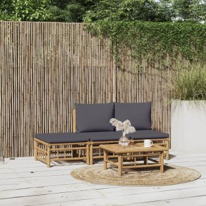 vidaXL VidaXL 4 Piece Patio Lounge Set with Dark Gray Cushions Bamboo 1