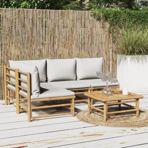 vidaXL VidaXL 5 Piece Patio Lounge Set with Light Gray Cushions Bamboo 1