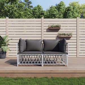 vidaXL VidaXL 2 Piece Patio Lounge Set with Cushions White Steel 1