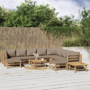 vidaXL VidaXL 12 Piece Patio Lounge Set with Taupe Cushions Bamboo 1