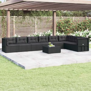 vidaXL VidaXL 8 Piece Patio Lounge Set with Cushions Black Poly Rattan 1