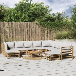 vidaXL VidaXL 11 Piece Patio Lounge Set with Light Gray Cushions Bamboo 1