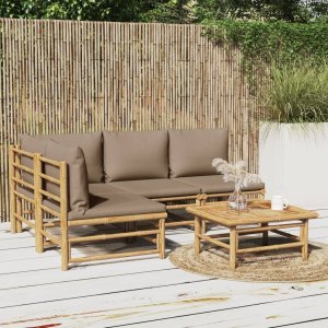 vidaXL VidaXL 5 Piece Patio Lounge Set with Taupe Cushions Bamboo 1