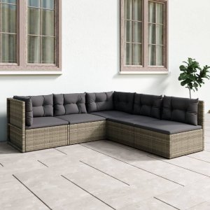 vidaXL VidaXL 5 Piece Patio Lounge Set with Cushions Gray Poly Rattan 1