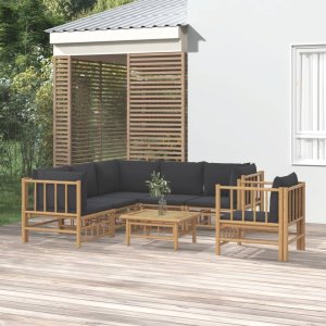 vidaXL VidaXL 7 Piece Patio Lounge Set with Dark Gray Cushions Bamboo 1