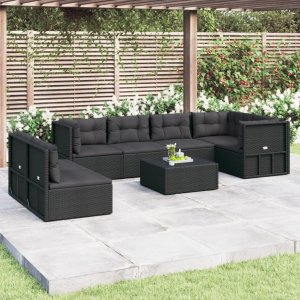 vidaXL VidaXL 7 Piece Patio Lounge Set with Cushions Black Poly Rattan 1