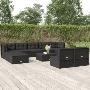 vidaXL VidaXL 10 Piece Patio Lounge Set with Cushions Black Poly Rattan 1