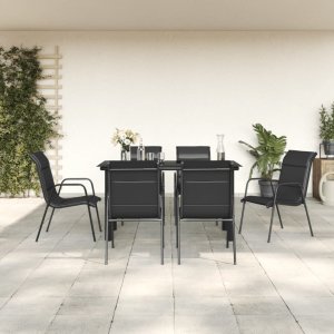 vidaXL VidaXL 7 Piece Patio Dining Set Black Steel and Textilene 1