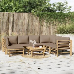 vidaXL VidaXL 8 Piece Patio Lounge Set with Taupe Cushions Bamboo 1