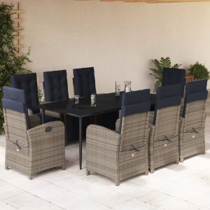 vidaXL VidaXL 9 Piece Patio Dining Set with Cushions Gray Poly Rattan 1