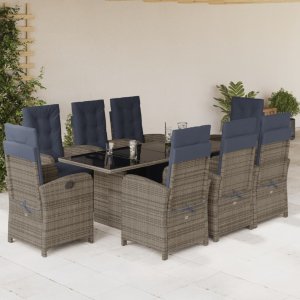 vidaXL VidaXL 9 Piece Patio Dining Set with Cushions Gray Poly Rattan 1