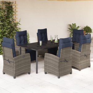 vidaXL VidaXL 7 Piece Patio Dining Set with Cushions Gray Poly Rattan 1