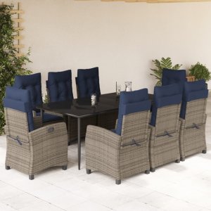 vidaXL VidaXL 9 Piece Patio Dining Set with Cushions Gray Poly Rattan 1