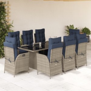 vidaXL VidaXL 9 Piece Patio Dining Set with Cushions Gray Poly Rattan 1