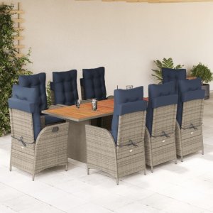 vidaXL VidaXL 9 Piece Patio Dining Set with Cushions Gray Poly Rattan 1