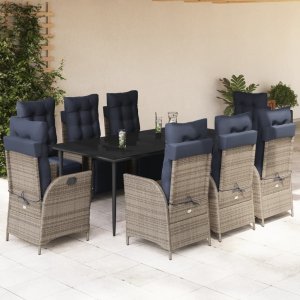 vidaXL VidaXL 9 Piece Patio Dining Set with Cushions Gray Poly Rattan 1