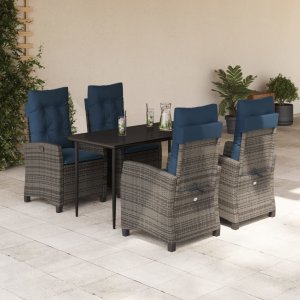 vidaXL VidaXL 5 Piece Patio Dining Set with Cushions Gray Poly Rattan 1