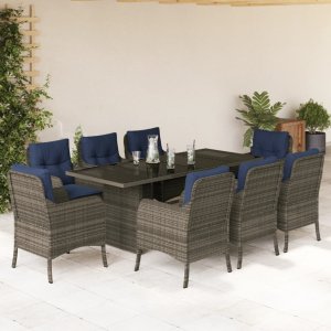 vidaXL VidaXL 9 Piece Patio Dining Set with Cushions Gray Poly Rattan 1