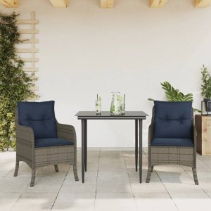 vidaXL VidaXL 3 Piece Patio Dining Set with Cushions Gray Poly Rattan 1