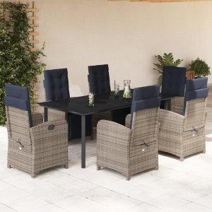 vidaXL VidaXL 7 Piece Patio Dining Set with Cushions Gray Poly Rattan 1