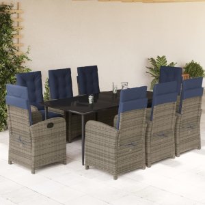 vidaXL VidaXL 9 Piece Patio Dining Set with Cushions Gray Poly Rattan 1