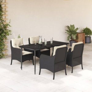 vidaXL VidaXL 5 Piece Patio Dining Set with Cushions Black Poly Rattan 1