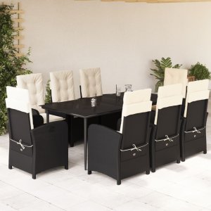 vidaXL VidaXL 9 Piece Patio Dining Set with Cushions Black Poly Rattan 1