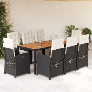 vidaXL VidaXL 9 Piece Patio Dining Set with Cushions Black Poly Rattan 1