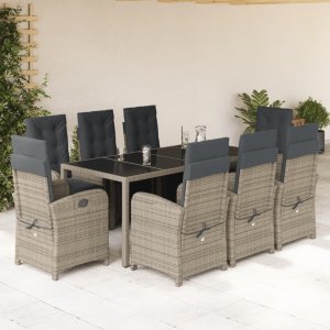 vidaXL VidaXL 9 Piece Patio Dining Set with Cushions Gray Poly Rattan 1