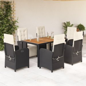 vidaXL VidaXL 7 Piece Patio Dining Set with Cushions Black Poly Rattan 1