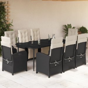 vidaXL VidaXL 9 Piece Patio Dining Set with Cushions Black Poly Rattan 1