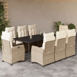 vidaXL VidaXL 9 Piece Patio Dining Set with Cushions Beige Poly Rattan 1