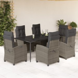 vidaXL VidaXL 7 Piece Patio Dining Set with Cushions Gray Poly Rattan 1