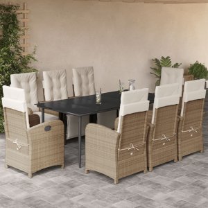 vidaXL VidaXL 9 Piece Patio Dining Set with Cushions Beige Poly Rattan 1