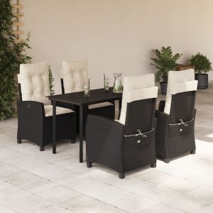 vidaXL VidaXL 5 Piece Patio Dining Set with Cushions Black Poly Rattan 1