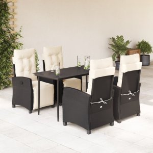 vidaXL VidaXL 5 Piece Patio Dining Set with Cushions Black Poly Rattan 1