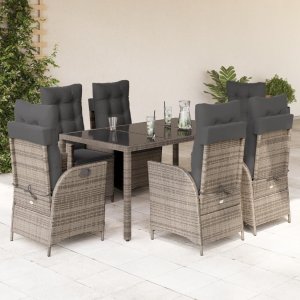 vidaXL VidaXL 7 Piece Patio Dining Set with Cushions Gray Poly Rattan 1