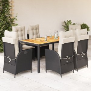 vidaXL VidaXL 7 Piece Patio Dining Set with Cushions Black Poly Rattan 1