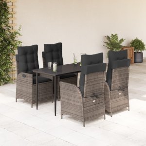 vidaXL VidaXL 5 Piece Patio Dining Set with Cushions Gray Poly Rattan 1