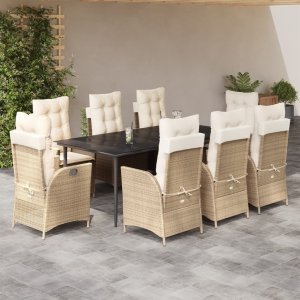 vidaXL VidaXL 9 Piece Patio Dining Set with Cushions Beige Poly Rattan 1