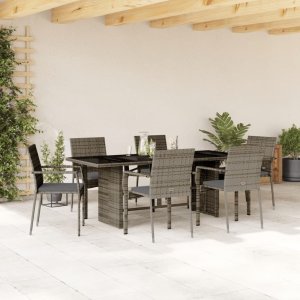 vidaXL VidaXL 7 Piece Patio Dining Set with Cushions Gray Poly Rattan 1