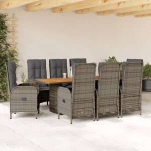 vidaXL VidaXL 9 Piece Patio Dining Set with Cushions Gray Poly Rattan 1