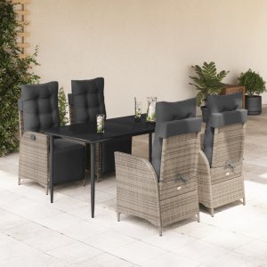 vidaXL VidaXL 5 Piece Patio Dining Set with Cushions Gray Poly Rattan 1