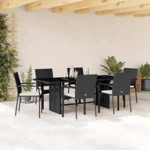 vidaXL VidaXL 7 Piece Patio Dining Set with Cushions Black Poly Rattan 1