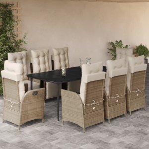 vidaXL VidaXL 9 Piece Patio Dining Set with Cushions Beige Poly Rattan 1