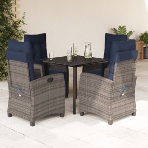 vidaXL VidaXL 5 Piece Patio Dining Set with Cushions Gray Poly Rattan 1