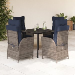 vidaXL VidaXL 5 Piece Patio Dining Set with Cushions Gray Poly Rattan 1